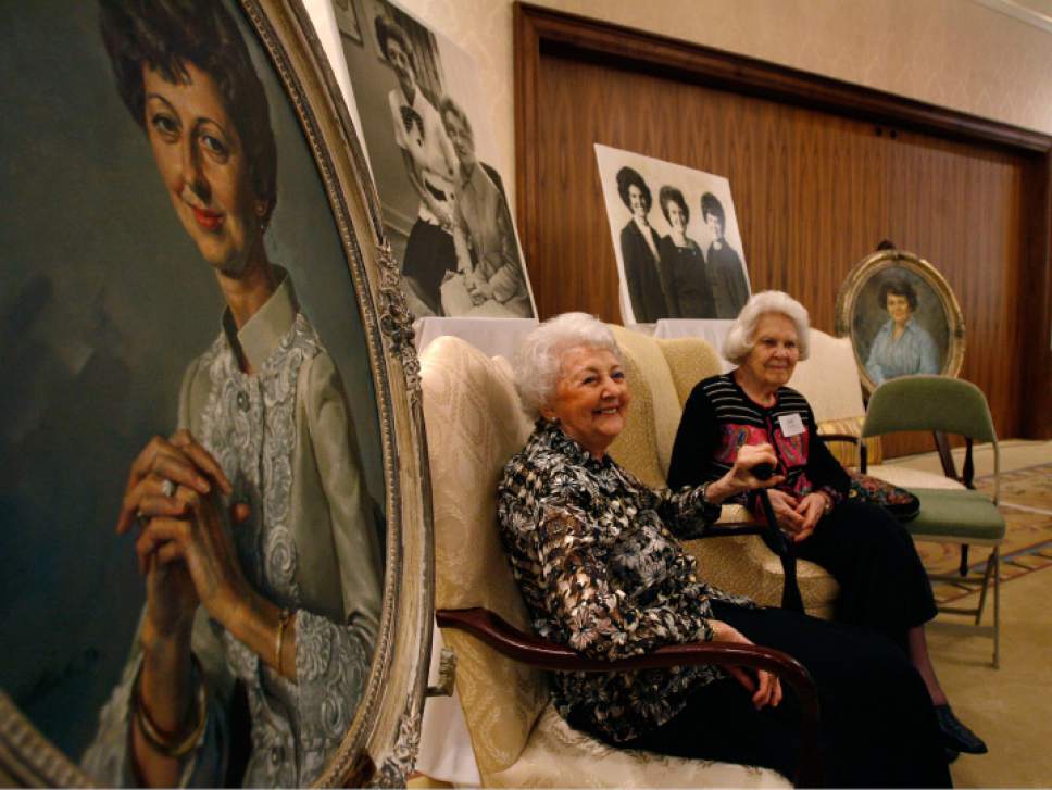 Steve Griffin  |  The Salt Lake Tribune

Past LDS Young Women leader Florence Jacobsen, left, and Ruth Funk are honored during a reception at the Relief Society Building in Salt Lake City on Thursday, Nov. 19, 2009.