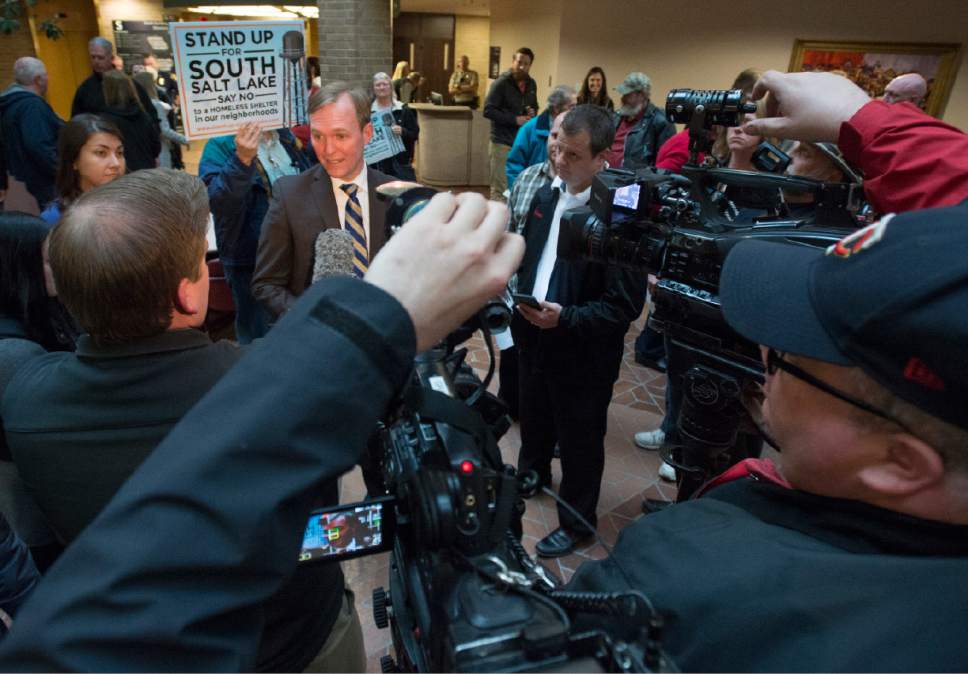 Rick Egan  |  The Salt Lake Tribune

Salt Lake County Mayor Ben McAdams, talks about the during the two newly proposed shelter sites, during the final open house, hosted by Salt Lake County officials at the Salt Lake County Gov't Center, Monday, March 27, 2017.