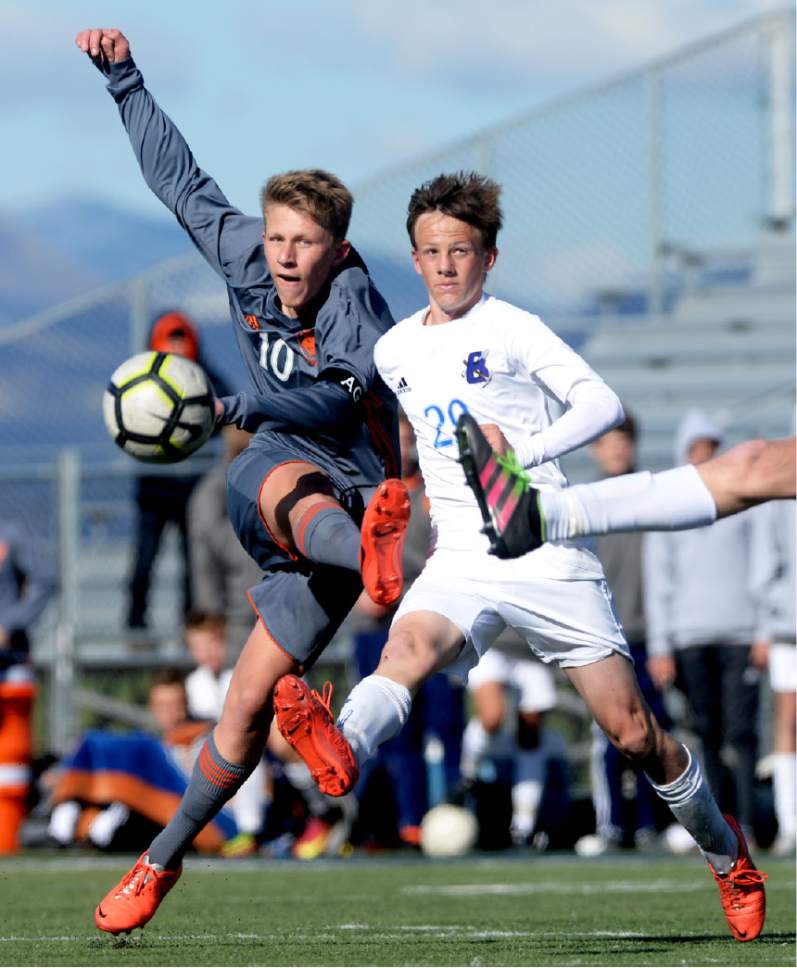 Steve Griffin  |  The Salt Lake Tribune


Brighton's David Browg fires a kick around Bingham's Andrew Devenberg during game at Bingham High School in South Jordan Tuesday March 28, 2017.