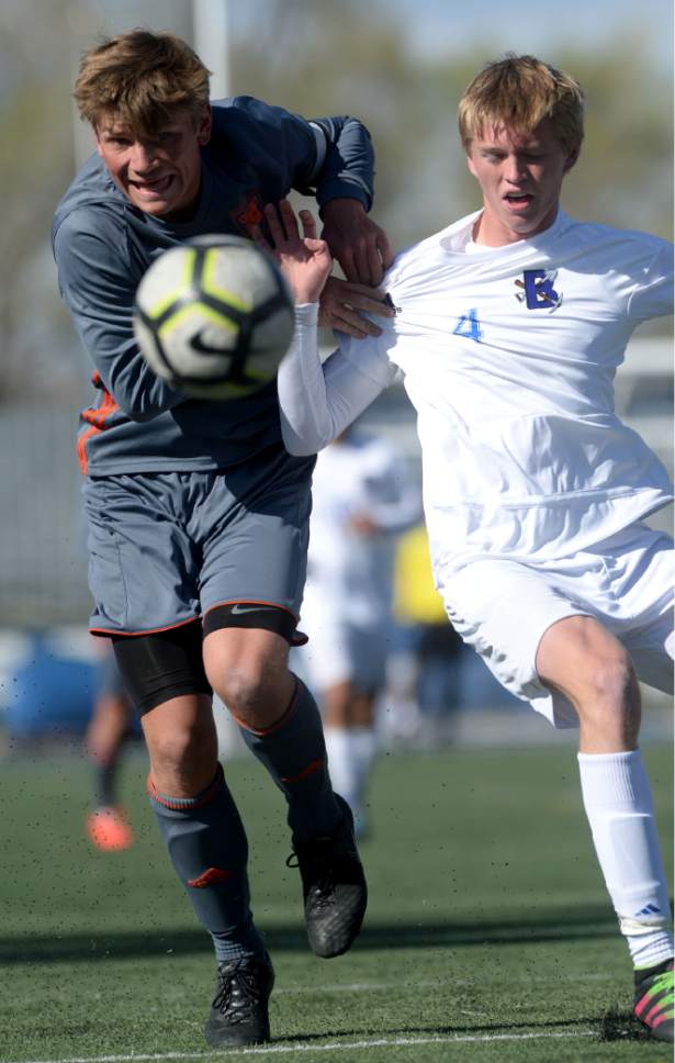 Steve Griffin  |  The Salt Lake Tribune


Bingham's Bryant Mcarther, right, tries to hold off Brighton's  Joseph Stowell during game against Brighton at Bingham High School in South Jordan Tuesday March 28, 2017.