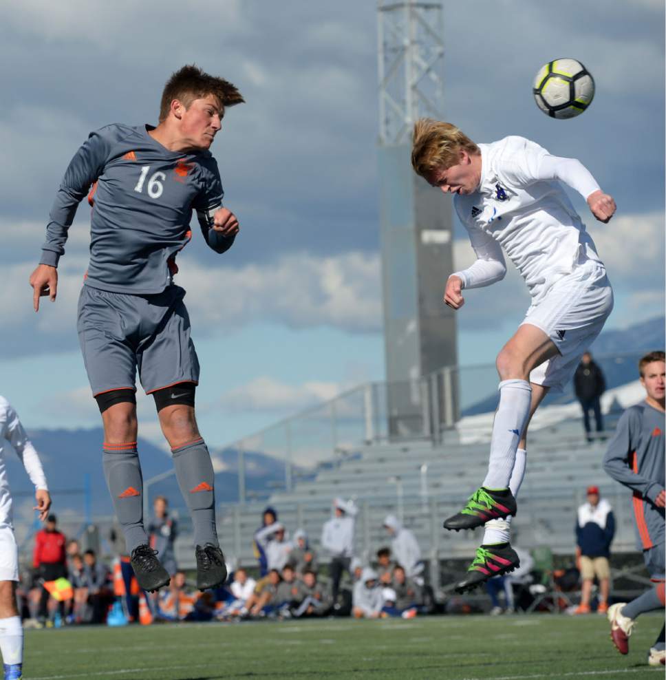 Steve Griffin  |  The Salt Lake Tribune


Brighton's Joseph Stowell fires a header past Bingham's Bryant Mcarther during game at Bingham High School in South Jordan Tuesday March 28, 2017.