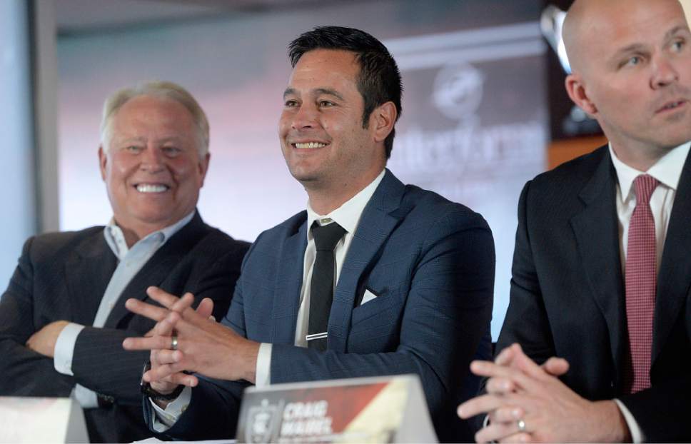 Al Hartmann  |  The Salt Lake Tribune
Real Salt Lake team owner Dell Loy Hansen, new head coach Mike Petke, and General Manager Craig Waibel at news conference Wednesday March 29 at Rio Tinto Stadium.
