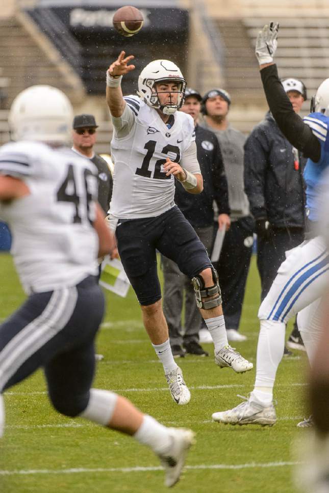 Trent Nelson  |  The Salt Lake Tribune
BYU quarterback Tanner Mangum passes the ball during the annual spring football scrimmage in Provo, Saturday March 25, 2017.