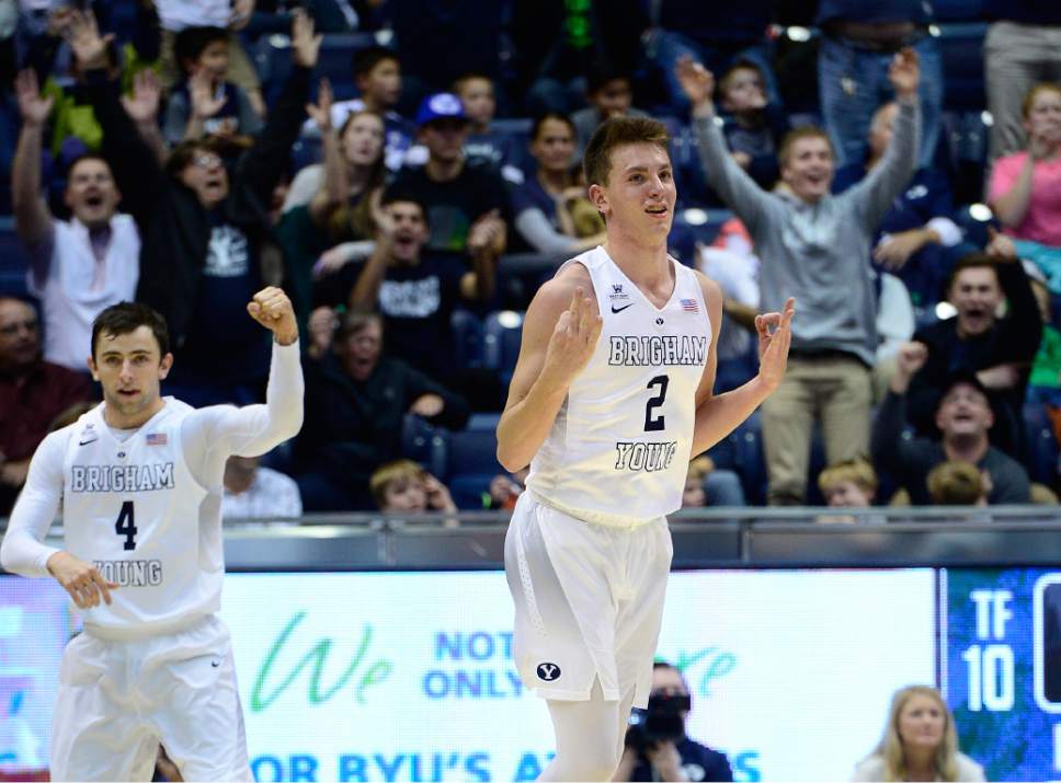 Scott Sommerdorf   |  The Salt Lake Tribune
Brigham Young Cougars guard Zac Seljaas (2) celebrates three of his 22 points including 6 of 8 from the 3 point line as BYU defeated Central Michigan 98-85, Friday, December 18, 2015.