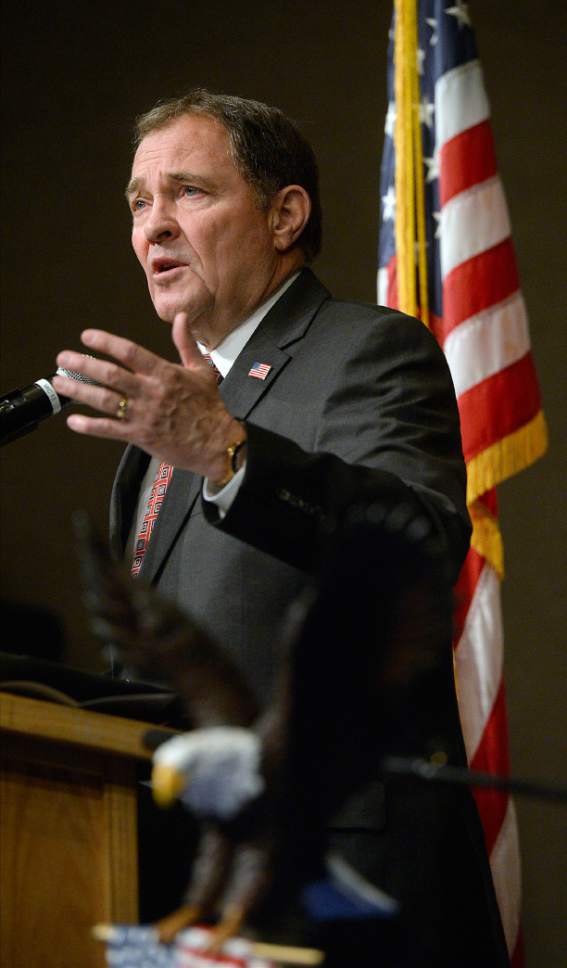 Al Hartmann  |  The Salt Lake Tribune
Gov. Gary Herbert speaks to students at Oquirrh Hills Middle School in Riverton Wednesday March 29 where he signed a series of education bills passed by this year's legislative session.