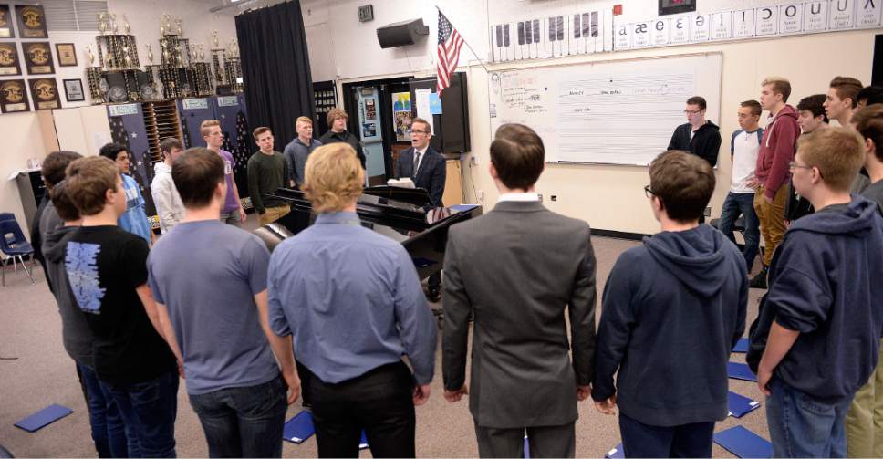 Al Hartmann  |  The Salt Lake Tribune
West Jordan High School Choir Director Kelly DeHaan teaches one of the largest choir programs in the state. Here, he leads rehearsal of the Take Ten Men's choir Tuesday, March 7.