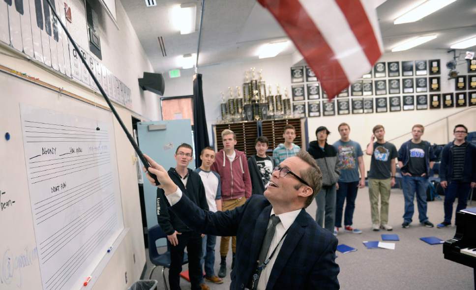 Al Hartmann  |  The Salt Lake Tribune
West Jordan High School Choir Director Kelly DeHaan teaches one of the largest choir programs in the state. Here, he leads rehearsal of the Take Ten Men's choir Tuesday, March 7.