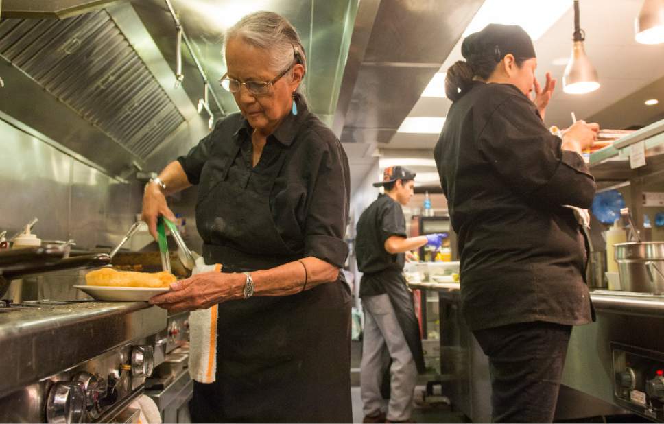 Leah Hogsten  |  The Salt Lake Tribune 
Traditional Navajo frybread with lavender is made by Alberta Mason, 76, (left) mother of Black Sheep Sugar House owner, Bleu Adams, and sous chef Katt Mason (right).