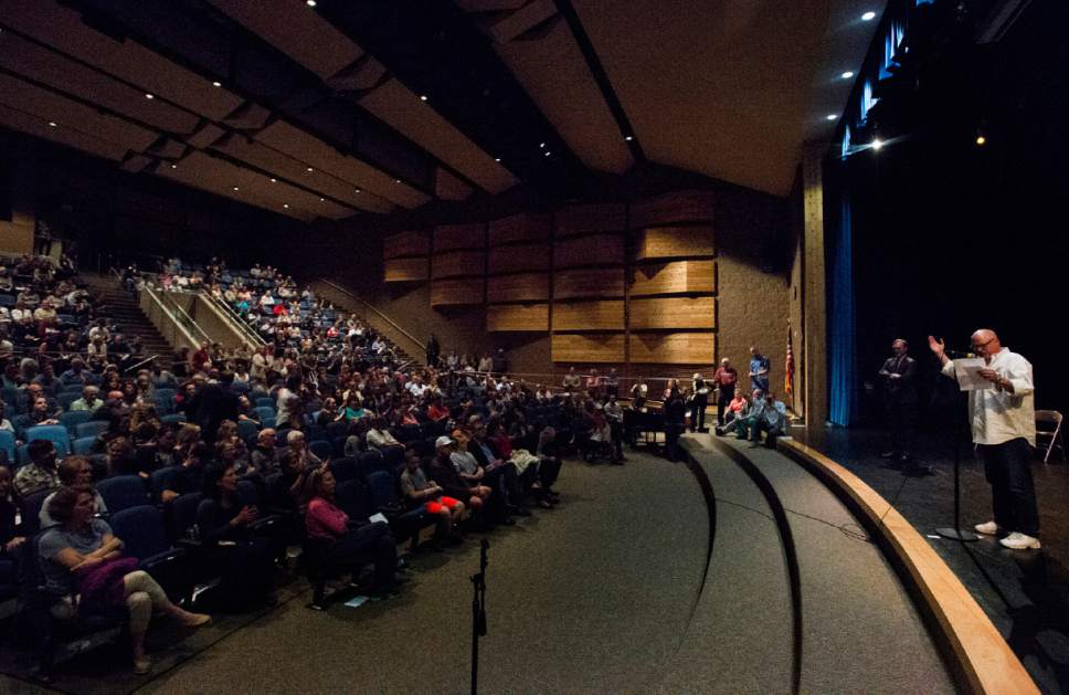 Rick Egan  |  The Salt Lake Tribune

Michael Bath speaks at an open house for two new potential homeless shelter sites in the Draper area at the Draper Park Middle School auditorium, for, Wednesday, March 29, 2017.