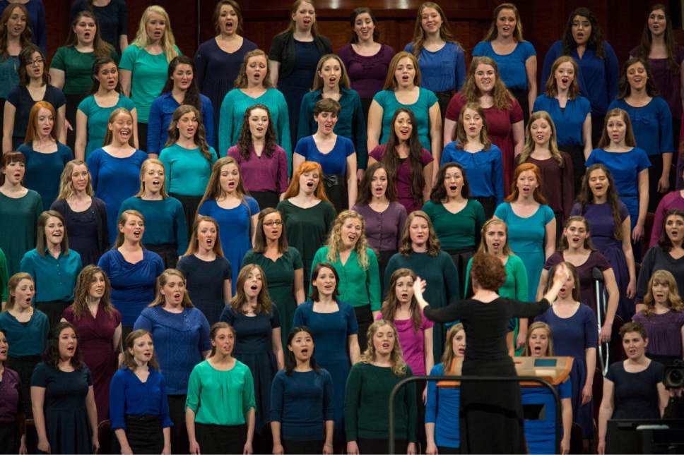 Rick Egan  |  The Salt Lake Tribune

The combined Relief Society Choir from Brigham Young University sing the opening hymn, at the Women's Conference session of LDS General Conference, at the LDS Conference center, Saturday, March 25, 2017.