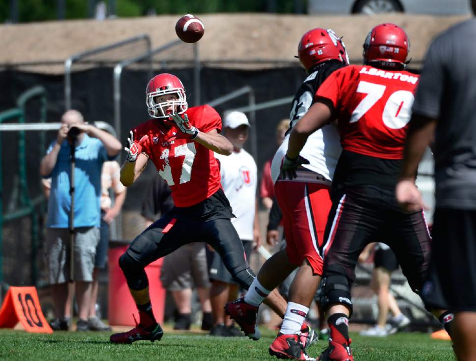 Scott Sommerdorf   |  The Salt Lake Tribune
Utah TE Caleb Repp makes a catch during Utah football practice, Saturday, August 15, 2015.