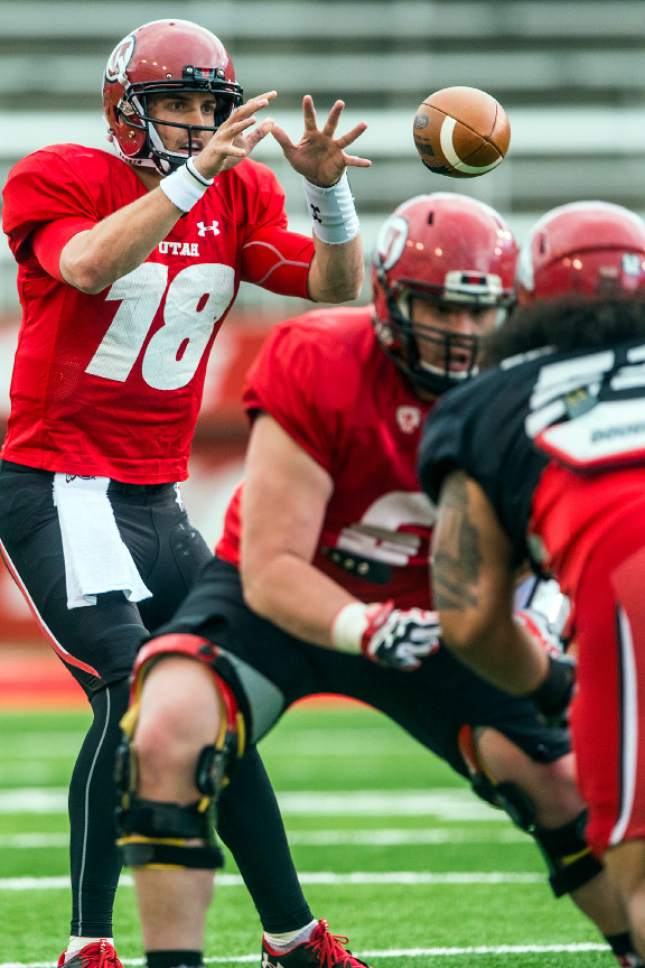 Chris Detrick  |  The Salt Lake Tribune
Utah Utes quaterback Cooper Bateman (18) during a scrimmage at Rice-Eccles Stadium Friday March 31, 2017.