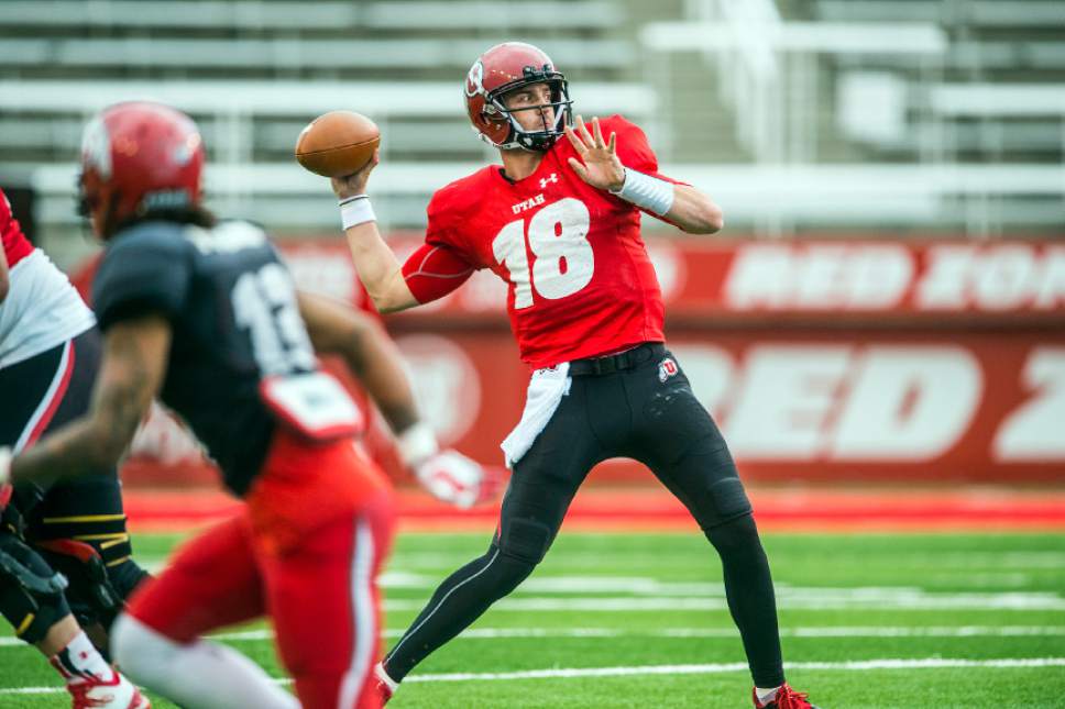 Chris Detrick  |  The Salt Lake Tribune
Utah Utes quaterback Cooper Bateman (18) during a scrimmage at Rice-Eccles Stadium Friday March 31, 2017.