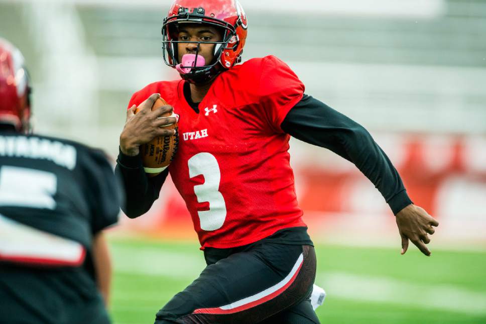 Chris Detrick  |  The Salt Lake Tribune
Utah Utes quarterback Troy Williams (3) runs the ball during a scrimmage at Rice-Eccles Stadium Friday March 31, 2017.