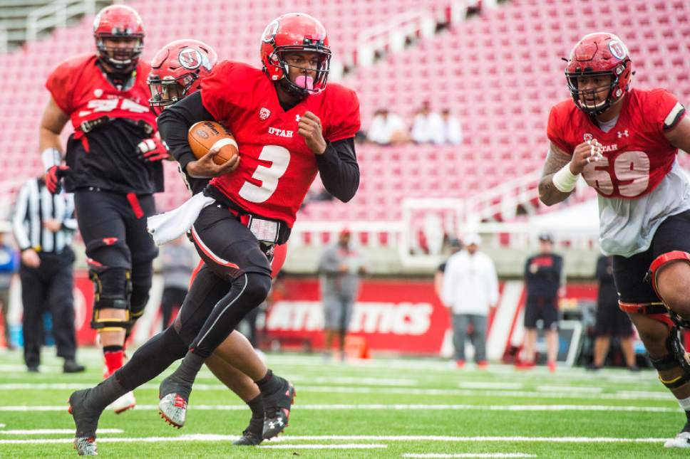 Chris Detrick  |  The Salt Lake Tribune
Utah Utes quarterback Troy Williams (3) runs for a touchdown during a scrimmage at Rice-Eccles Stadium Friday March 31, 2017.