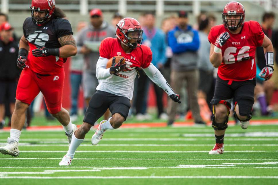 Chris Detrick  |  The Salt Lake Tribune
Utah Utes wide receiver Kyle Fulks (6) runs the ball during a scrimmage at Rice-Eccles Stadium Friday March 31, 2017.