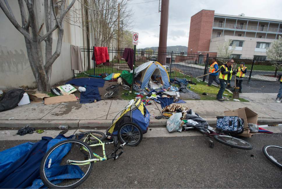 Rick Egan  |  The Salt Lake Tribune

Workers from the Salt Lake County Health Department and Salt Lake City Waste and Recycling Division, clean up campsites along 600 South, Friday, March 31, 2017.