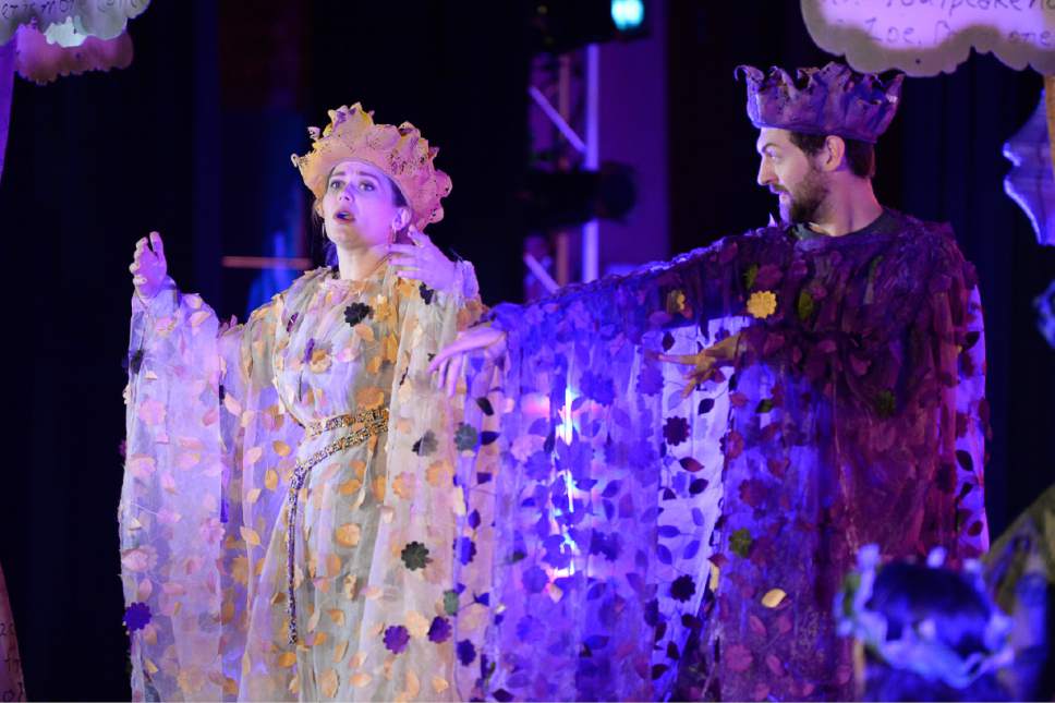 Francisco Kjolseth  |  The Salt Lake Tribune
Mara Lefler and Luke Johnson  put on a show as Utah Shakespeare Festival's educational tour performs "A Midsummer's Night Dream" recently at Farmington Jr. High.