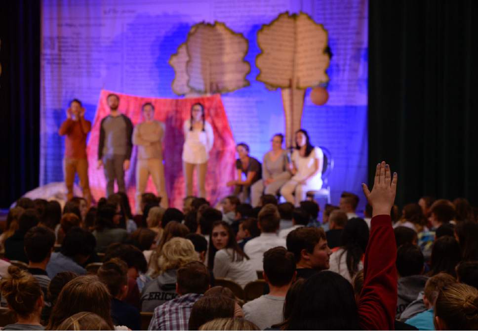 Francisco Kjolseth | The Salt Lake Tribune
Utah Shakespeare Festival's educational tour production of "A Midsummer's Night Dream" takes questions from students after the recent show at Farmington Jr. High.