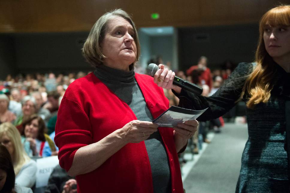 Chris Detrick  |  The Salt Lake Tribune
Pat Winmill, of Salt Lake City, asks an environmental question to Rep. Chris Stewart during a town hall meeting at West High School Friday March 31, 2017.