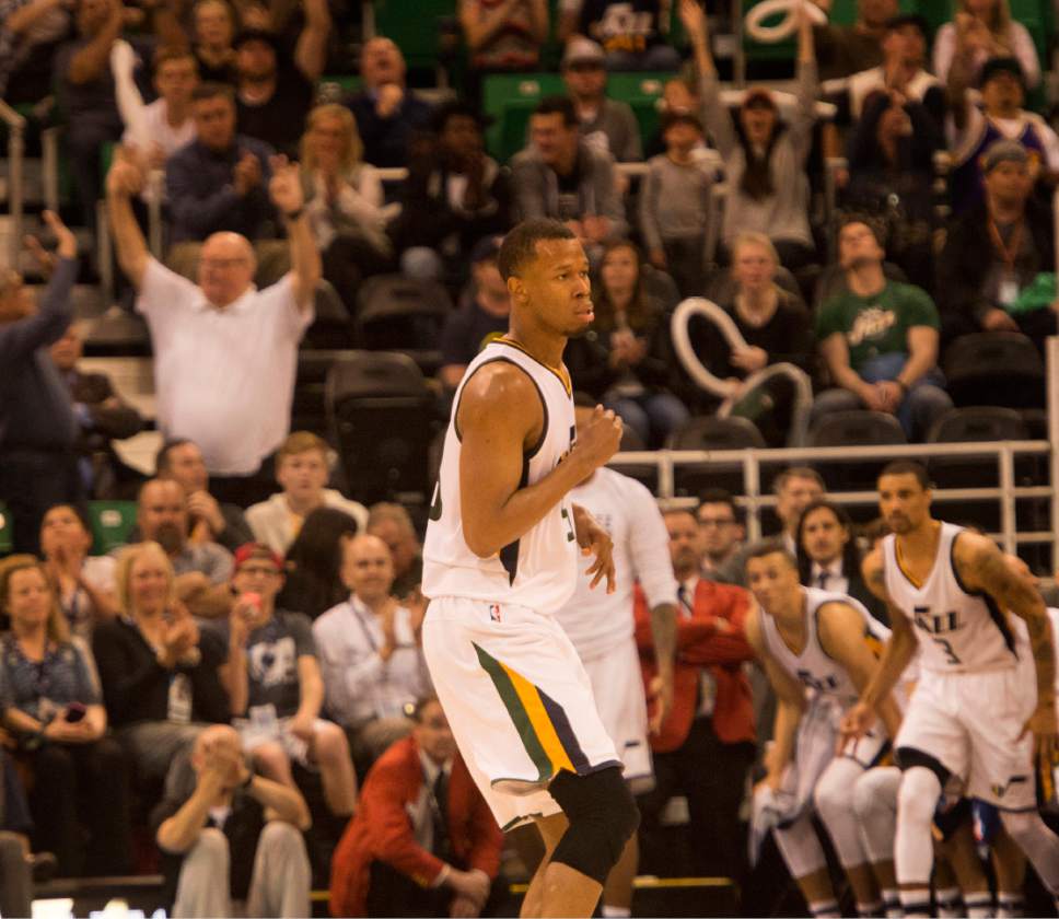 Rick Egan  |  The Salt Lake Tribune

Utah Jazz guard Rodney Hood (5) reacts after hitting a clutch 3-point-shot giving the Jazz a ten point lead with 50 seconds left the game, in NBA action Utah Jazz vs. New Orleans Pelicans, in Salt Lake City, Monday, March 27, 2017.