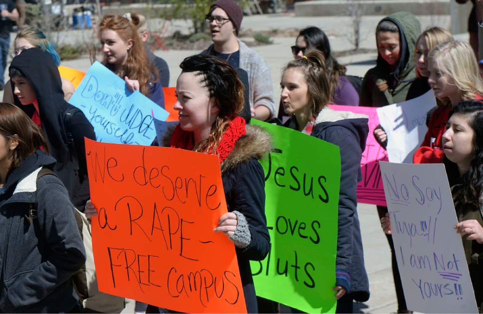 Al Hartmann  |  The Salt Lake Tribune
About thirty University of Utah students gather at the Marriot Library Plaza Tuesday April 4 to make posters and participate in the University of Utah SL, UT Walk.  It was held to eduacate and help fight against sexual assault and violence.