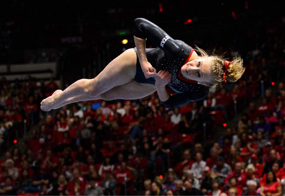 Trent Nelson  |  The Salt Lake Tribune
Utah's MaKenna Merrell competes on the floor as Utah hosts Georgia, NCAA gymnastics at the Huntsman Center in Salt Lake City, Saturday March 12, 2016.