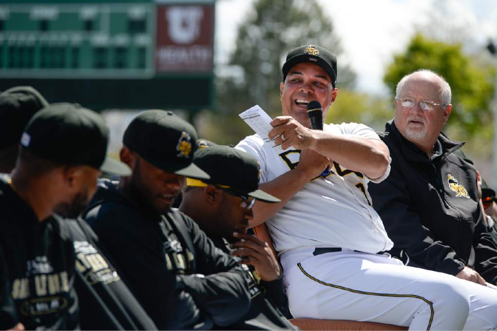 Francisco Kjolseth | The Salt Lake Tribune
Salt Lake Bees team manager Keith Johnson cracks up with his team as he stumbles a little with names while introducing the team alongside Vice President and Manager Marc Amicone, in background, during media day, a prelude to the start of the season, at Smith's Ballpark on Tuesday, April 4, 2017.
