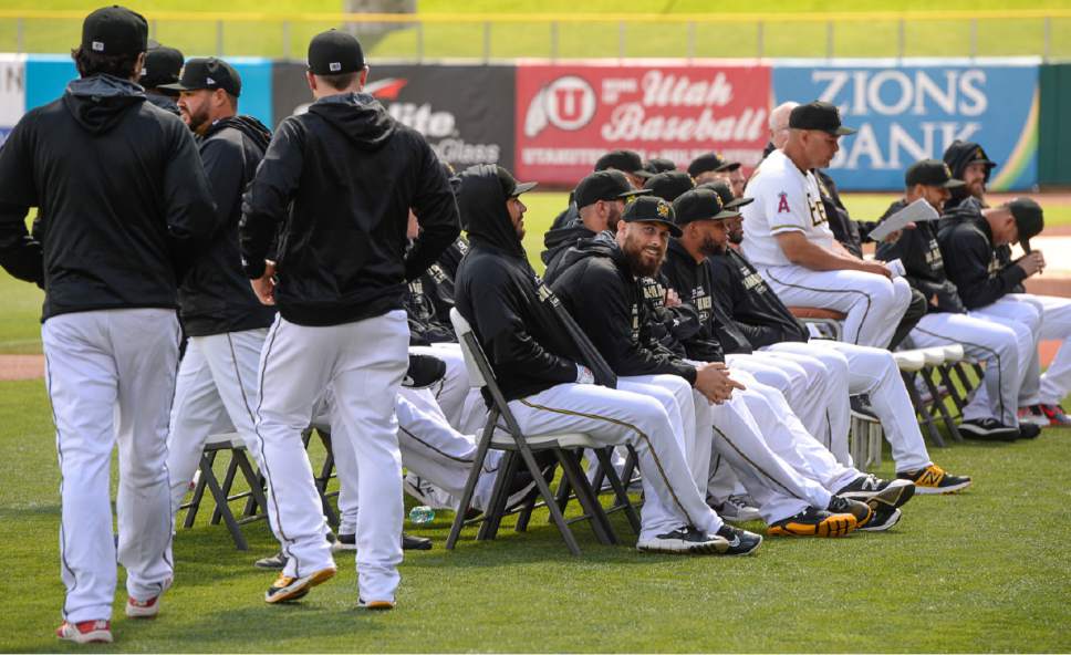 Francisco Kjolseth | The Salt Lake Tribune
Salt Lake Bees' annual media day, a prelude to the start of the season, kicks off at Smith's Ballpark on Tuesday, April 4, 2017, as players gather for introductions on the field.