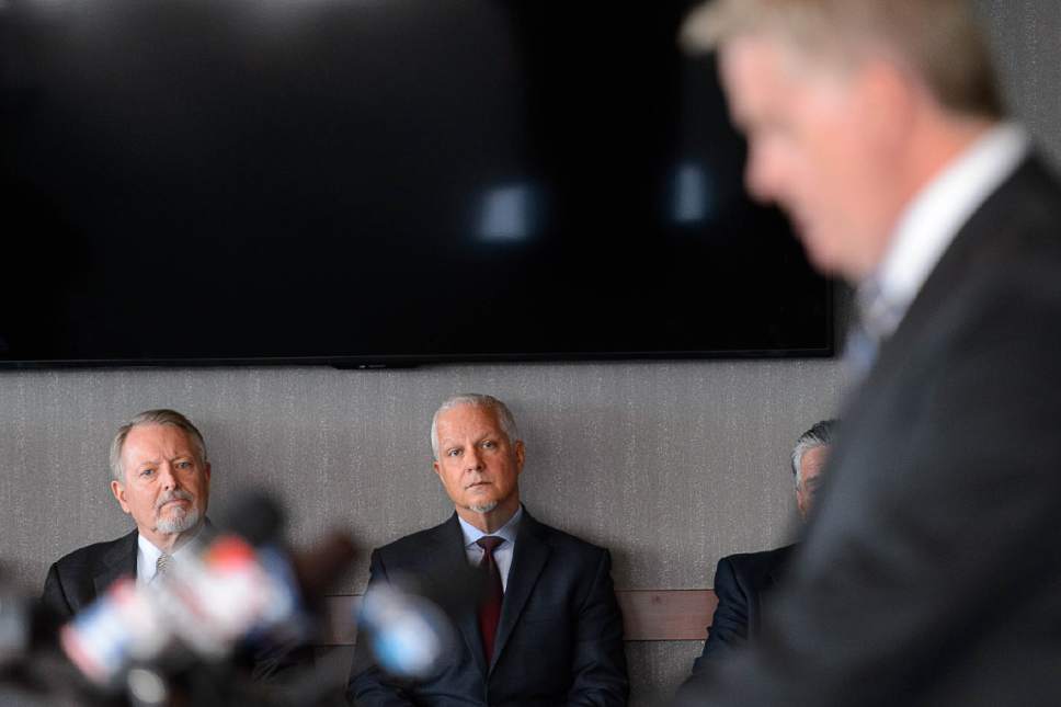 Trent Nelson  |  The Salt Lake Tribune
Utah Transit Authority's Robert McKinley and Jerry Benson look on as U.S. Attorney John W. Huber announces an investigation into UTA at a news conference in Salt Lake City, Tuesday April 4, 2017.