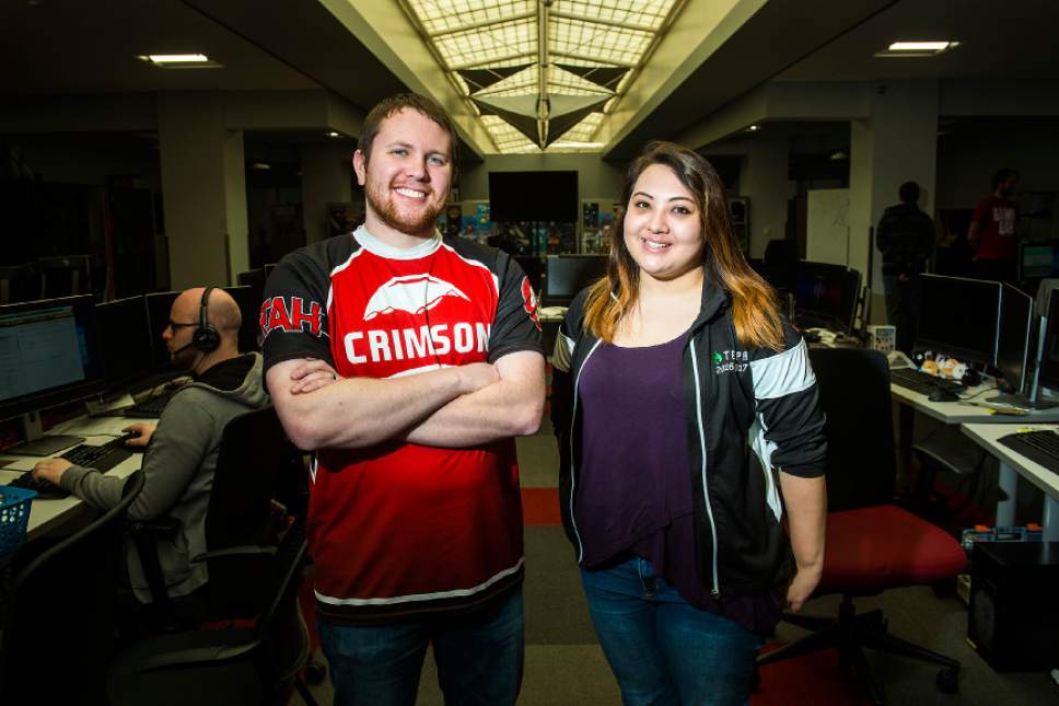 Chris Detrick  |  The Salt Lake Tribune
Crimson Gaming Competitive Director Jordan Runyan and Crimson Gaming Director Angie Klingsieck pose for a portrait at the University of Utah Wednesday, April 5, 2017.  Utah esports will compete in multiple games and has confirmed League of Legends as its first game with additional games to be announced shortly. The esports program is the first of its kind from a school out of the Power Five athletics conferences (Pac-12, Big Ten, Big 12, Atlantic Coast and Southeastern).