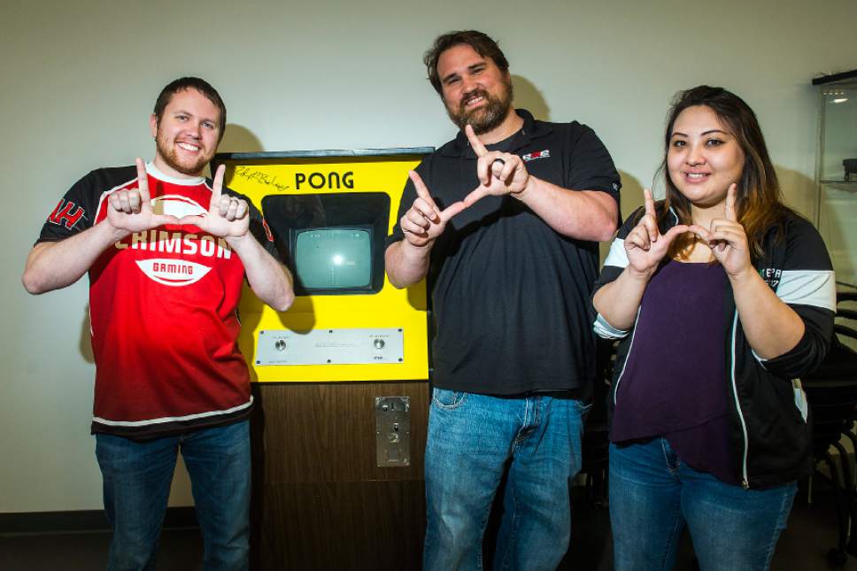 Chris Detrick  |  The Salt Lake Tribune
Crimson Gaming Director Angie Klingsieck, eSports Director of Operations A.J. Dimick and Crimson Gaming Competitive Director Jordan Runyan pose for a portrait at the University of Utah Wednesday, April 5, 2017.  Utah esports will compete in multiple games and has confirmed League of Legends as its first game with additional games to be announced shortly. The esports program is the first of its kind from a school out of the Power Five athletics conferences (Pac-12, Big Ten, Big 12, Atlantic Coast and Southeastern).