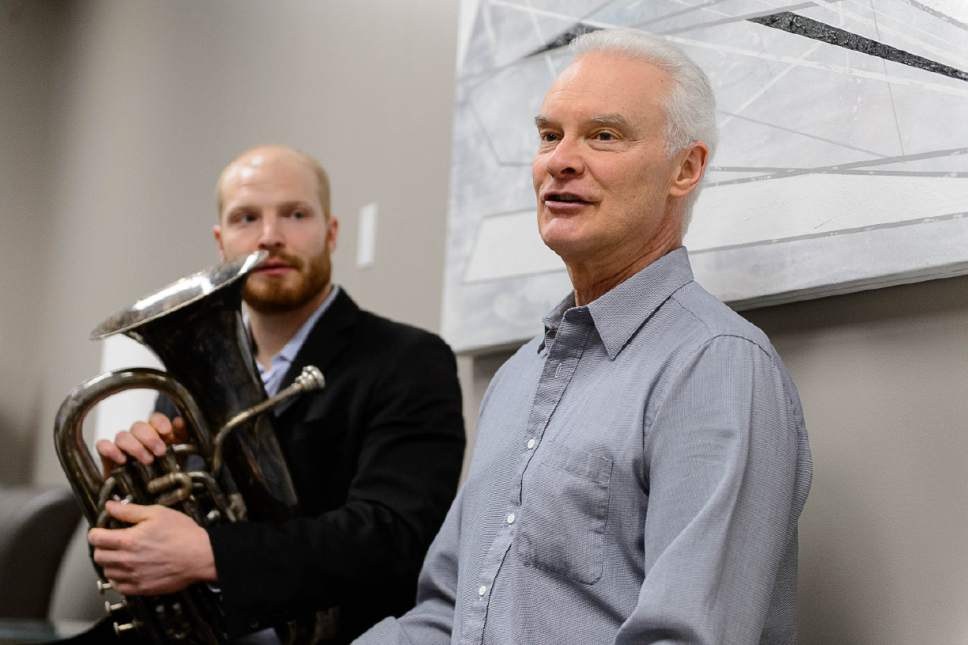 Trent Nelson  |  The Salt Lake Tribune
Mark Davidson holds a famous French tuba acquired by Utah Symphony tuba player Gary Ofenloch (right) in Salt Lake City, Tuesday March 14, 2017. The tuba is the very instrument on which the "ox-cart" solo in "Pictures at an Exhibition" was first played. Davidson will play the solo on this famous instrument for the Utah Symphony on April 7 and 8.