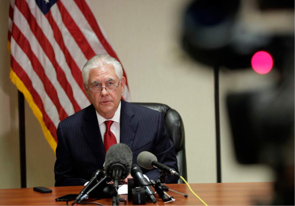 Secretary of State Rex Tillerson speaks during a news conference at the Palm Beach International Airport in West Palm Beach, Fla., Thursday, April 6, 2017,  (AP Photo/Lynne Sladky)