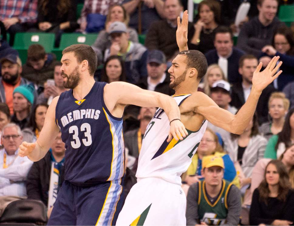 Lennie Mahler  |  The Salt Lake Tribune

Rudy Gobert tries to draw an offensive foul from Marc Gasol in a game against the Memphis Grizzlies on Saturday, Jan. 28, 2017, at Vivint Smart Home Arena in Salt Lake City.