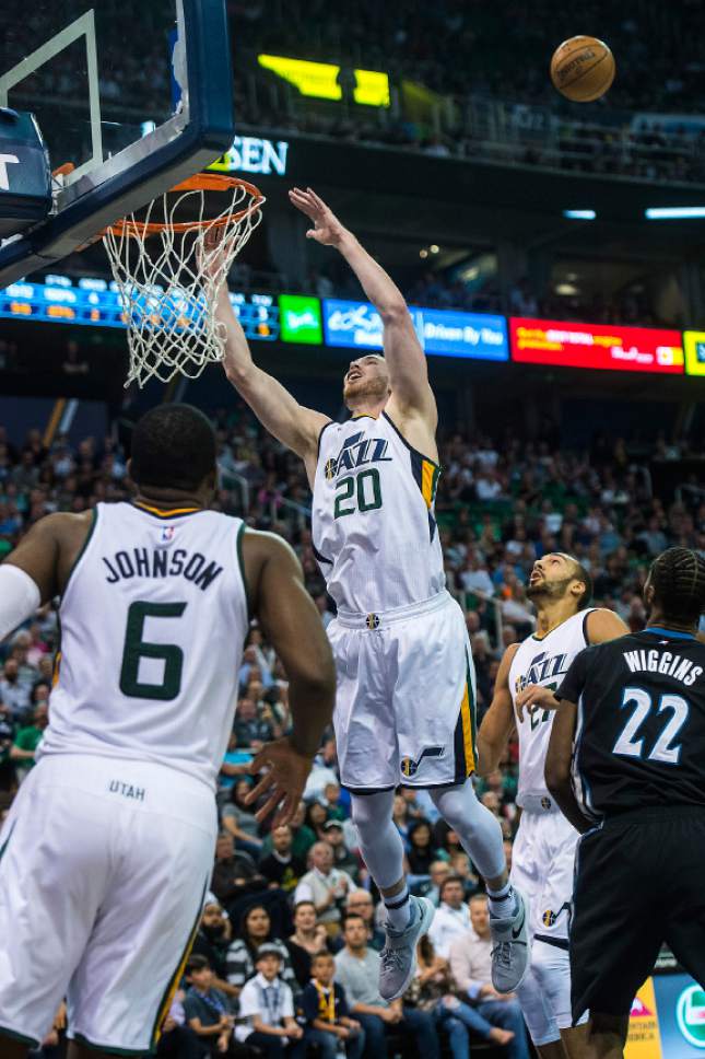 Chris Detrick  |  The Salt Lake Tribune
Utah Jazz forward Gordon Hayward (20) looses control of the ball during the game at Vivint Smart Home Arena Friday, April 7, 2017.