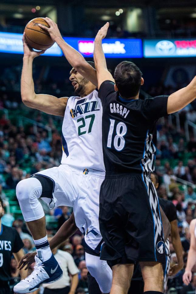 Chris Detrick  |  The Salt Lake Tribune
Utah Jazz center Rudy Gobert (27) shoots past Minnesota Timberwolves forward Omri Casspi (18) during the game at Vivint Smart Home Arena Friday, April 7, 2017.