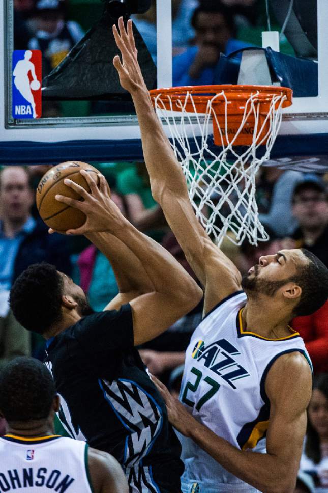 Chris Detrick  |  The Salt Lake Tribune
Utah Jazz center Rudy Gobert (27) guards Minnesota Timberwolves center Karl-Anthony Towns (32) during the game at Vivint Smart Home Arena Friday, April 7, 2017.