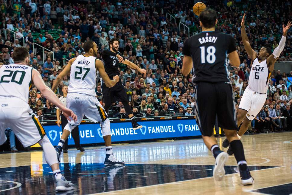 Chris Detrick  |  The Salt Lake Tribune
Minnesota Timberwolves guard Ricky Rubio (9) attempts to pass around Utah Jazz forward Joe Johnson (6) during the game at Vivint Smart Home Arena Friday, April 7, 2017.  Utah Jazz defeated Minnesota Timberwolves 120-113.