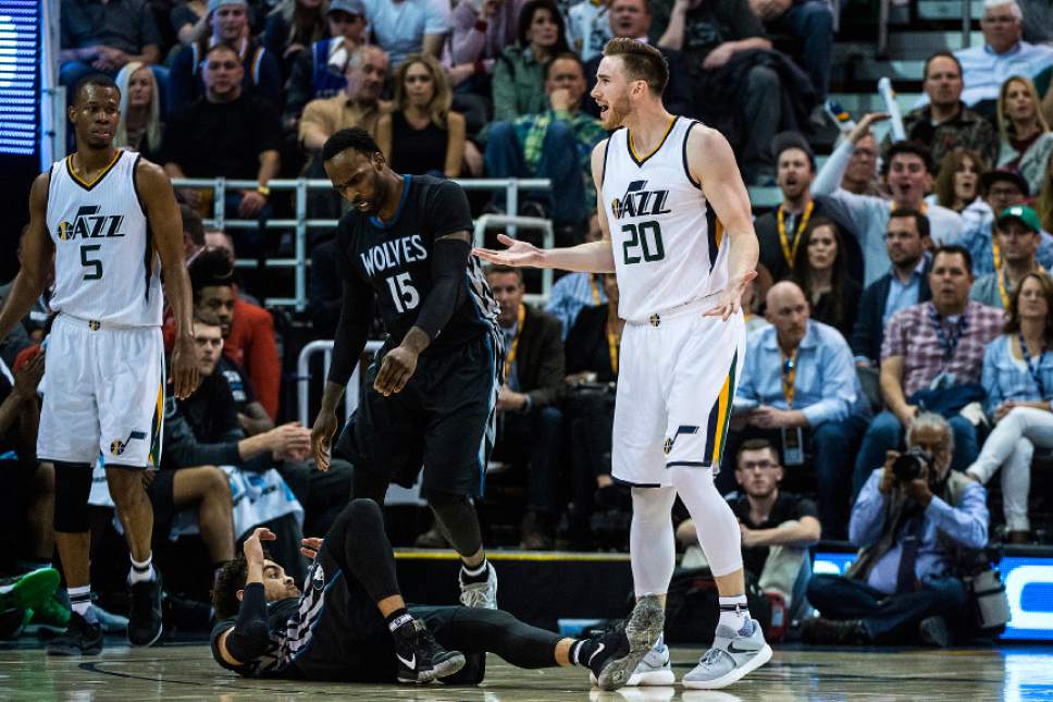 Chris Detrick  |  The Salt Lake Tribune
Minnesota Timberwolves guard Tyus Jones (1) remains on the ground as Utah Jazz forward Gordon Hayward (20) argues a fouls called on him during the game at Vivint Smart Home Arena Friday, April 7, 2017.  Utah Jazz defeated Minnesota Timberwolves 120-113.