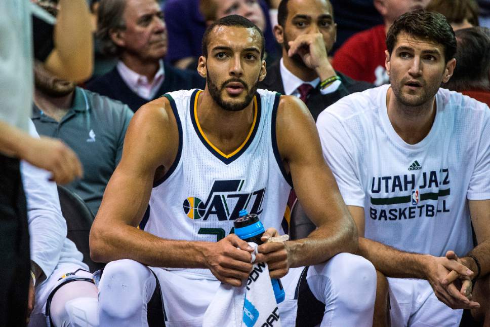 Chris Detrick  |  The Salt Lake Tribune
Utah Jazz center Rudy Gobert (27) sits on the bench during the game at Vivint Smart Home Arena Friday, April 7, 2017.  Utah Jazz defeated Minnesota Timberwolves 120-113.