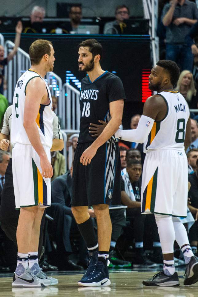 Chris Detrick  |  The Salt Lake Tribune
Utah Jazz guard Shelvin Mack (8) holds back Minnesota Timberwolves forward Omri Casspi (18) as he argues with Utah Jazz forward Joe Ingles (2) during the game at Vivint Smart Home Arena Friday, April 7, 2017.  Utah Jazz defeated Minnesota Timberwolves 120-113.