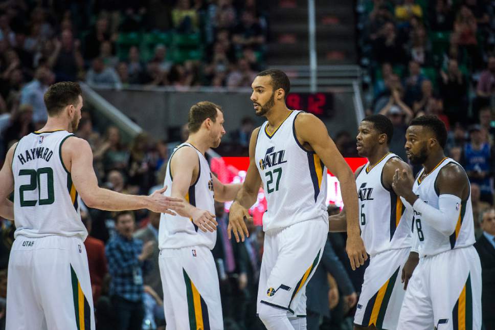 Chris Detrick  |  The Salt Lake Tribune
Utah Jazz forward Gordon Hayward (20) Utah Jazz forward Joe Ingles (2) Utah Jazz center Rudy Gobert (27) Utah Jazz forward Joe Johnson (6) and Utah Jazz guard Shelvin Mack (8) during the game at Vivint Smart Home Arena Friday, April 7, 2017.  Utah Jazz defeated Minnesota Timberwolves 120-113.