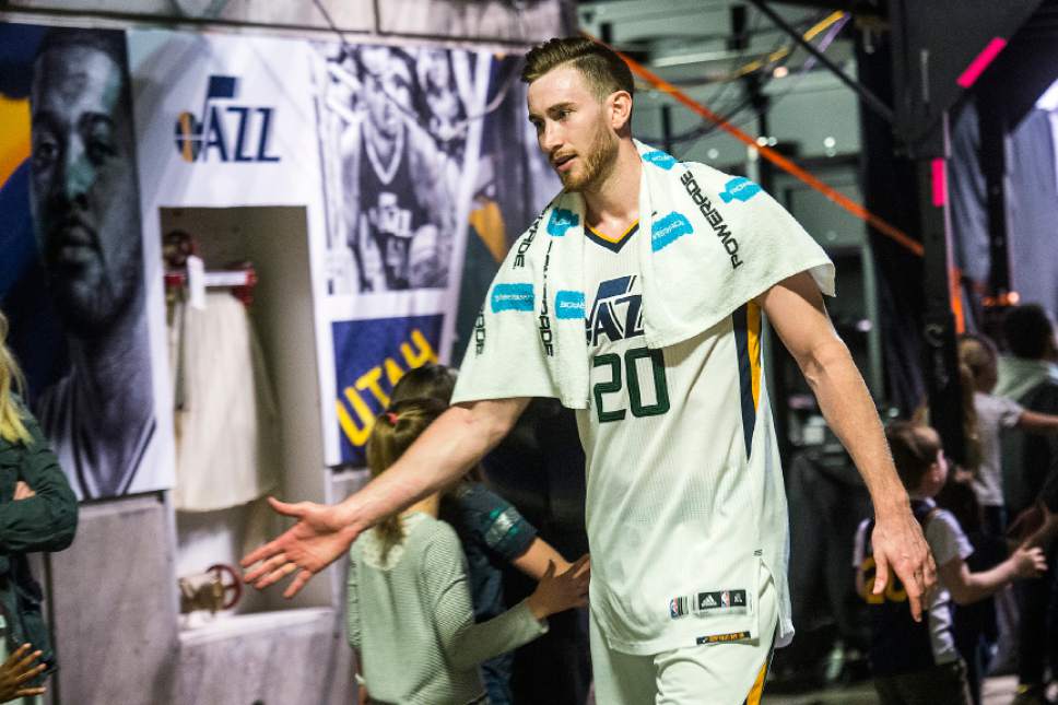 Chris Detrick  |  The Salt Lake Tribune
Utah Jazz forward Gordon Hayward (20) walks off of the court after the game at Vivint Smart Home Arena Friday, April 7, 2017.  Utah Jazz defeated Minnesota Timberwolves 120-113.