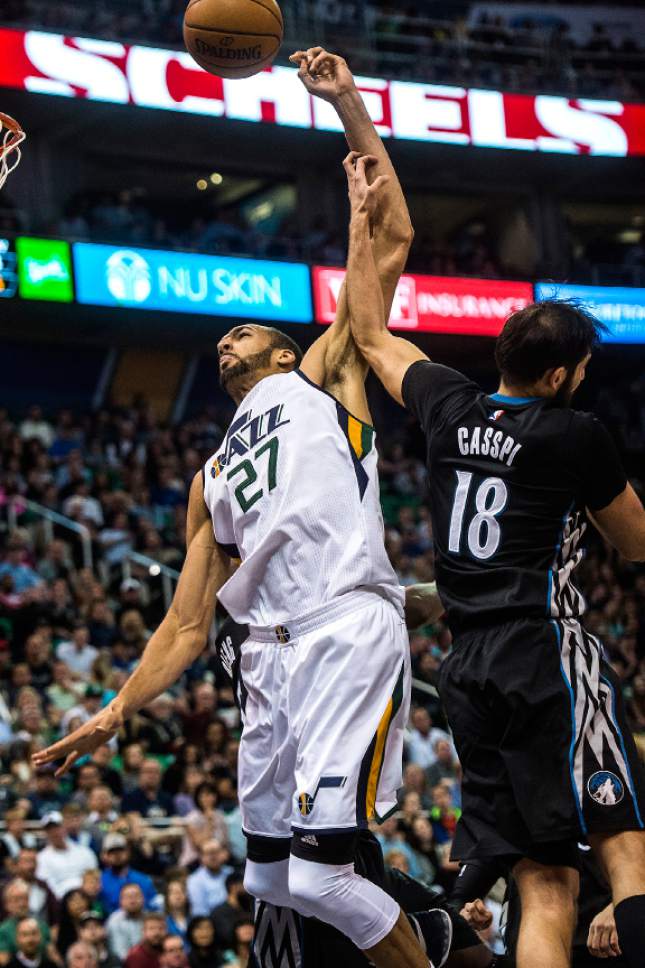 Chris Detrick  |  The Salt Lake Tribune
Minnesota Timberwolves forward Omri Casspi (18) fouls Utah Jazz center Rudy Gobert (27) during the game at Vivint Smart Home Arena Friday, April 7, 2017.