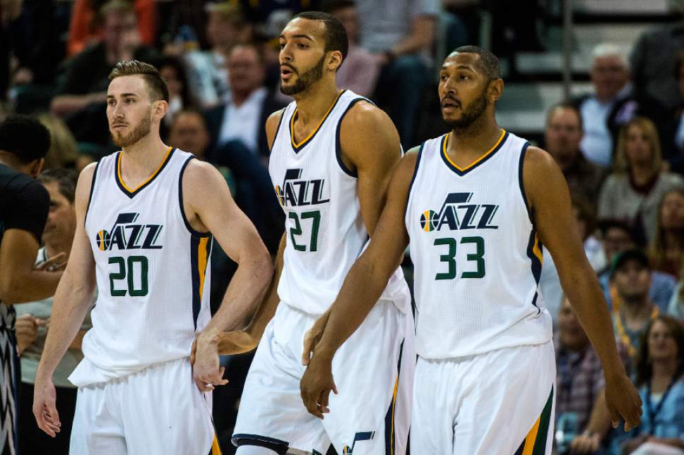 Chris Detrick  |  The Salt Lake Tribune
Utah Jazz forward Gordon Hayward (20) Utah Jazz center Rudy Gobert (27) and Utah Jazz center Boris Diaw (33) walk off of the court during the game at Vivint Smart Home Arena Friday, April 7, 2017.