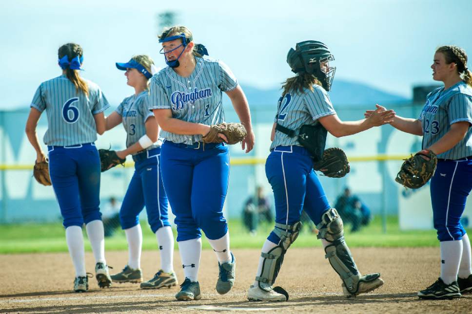 Chris Detrick  |  The Salt Lake Tribune
Bingham's Nicole Wall (1) and her teammates celebrate after an out during the game at Bingham High School Thursday, April 6, 2017.