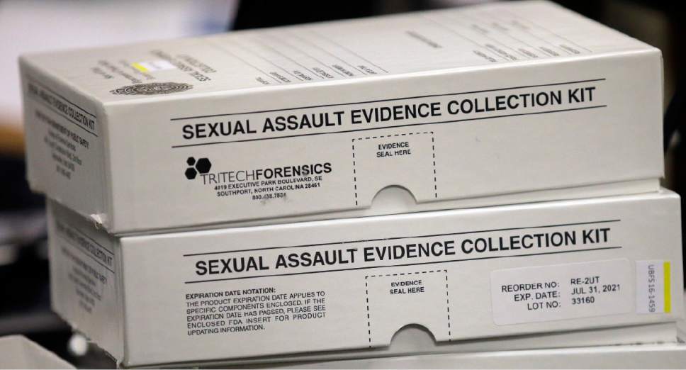 This Feb. 8, 2017, photo, sexual assault evidence collection kit are shown during committee meeting at the Utah State Capitol, in Salt Lake City. Utah crime lab officials are feeling optimistic as they work to speed up the time it takes to process sexual assault evidence kits, after lawmakers approved a measure last month that sends more than $1 million to go toward this effort. (AP Photo/Rick Bowmer)