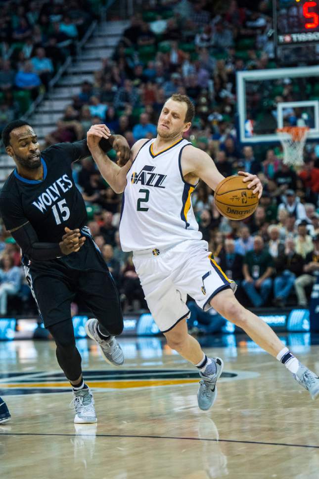 Chris Detrick  |  The Salt Lake Tribune
Minnesota Timberwolves forward Shabazz Muhammad (15) fouls Utah Jazz forward Joe Ingles (2) during the game at Vivint Smart Home Arena Friday, April 7, 2017.