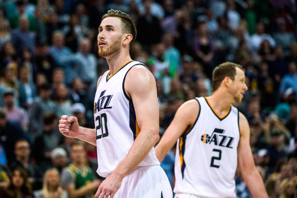 Chris Detrick  |  The Salt Lake Tribune
Utah Jazz forward Gordon Hayward (20) pumps his fist after winning the game at Vivint Smart Home Arena Friday, April 7, 2017.  Utah Jazz defeated Minnesota Timberwolves 120-113.